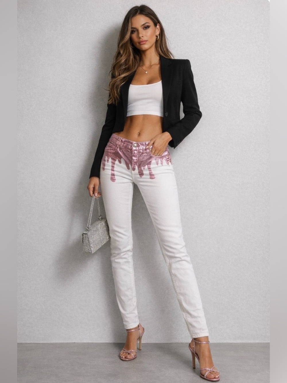 Love Moschino Pink Metallic Drip White Jeans | Statement Designer Denim